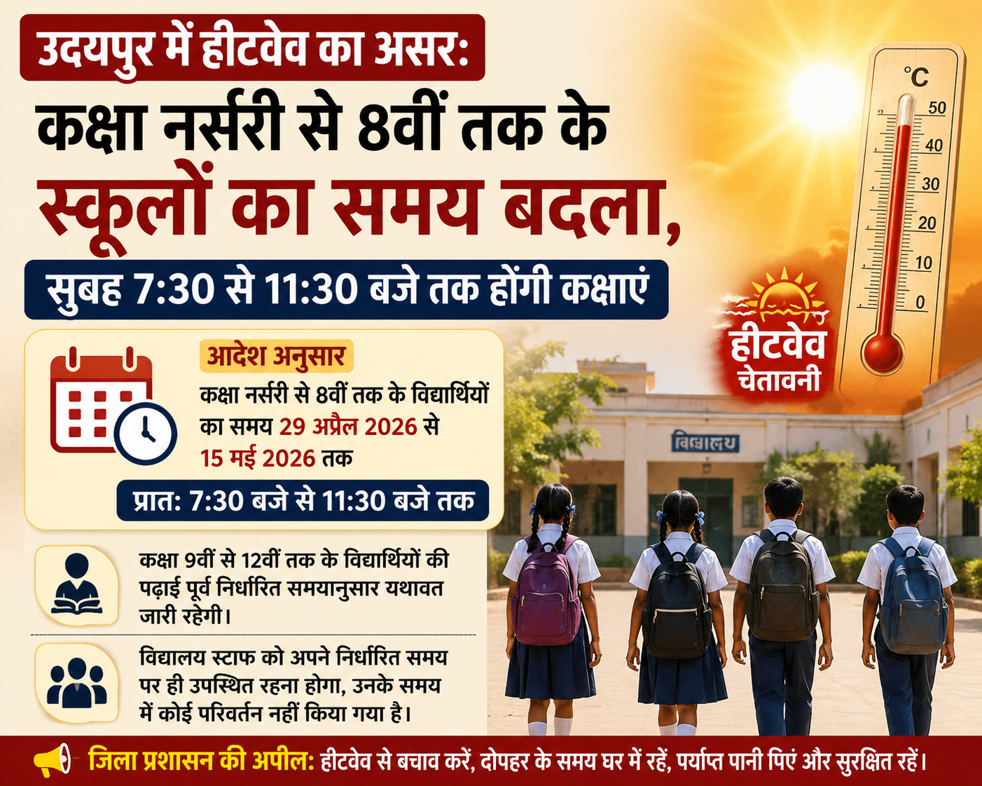 Impact of Heatwave in Udaipur: School Timings Revised for Classes Nursery to 8th; Classes to be Held from 7:30 AM to 11:30 AM.