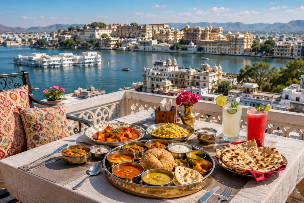 Beautiful rooftop lunch scene overlooking Lake Pichola in Udaipur.