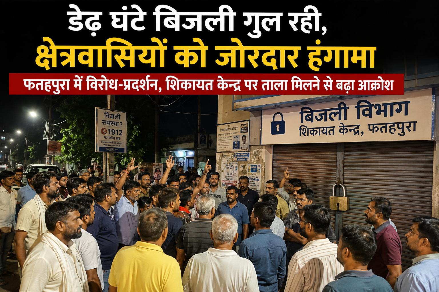 फतहपुरा में बिजली कटौती के विरोध में देर रात बिजली विभाग के शिकायत केन्द्र के बाहर प्रदर्शन करते स्थानीय लोग।