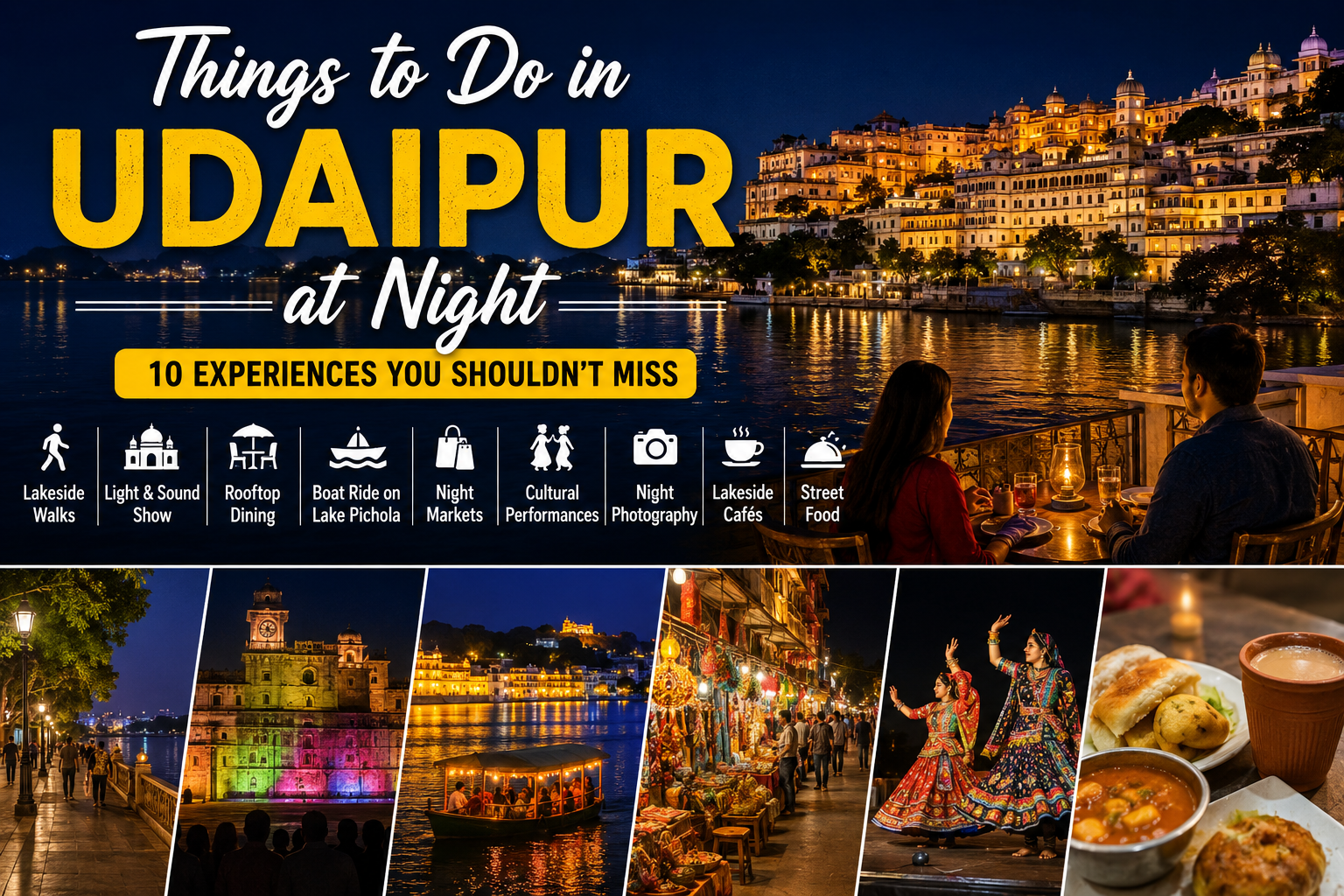Night view of Udaipur featuring City Palace, Lake Pichola, rooftop dining, boat rides, cultural performances, street food, and other popular nighttime activities.