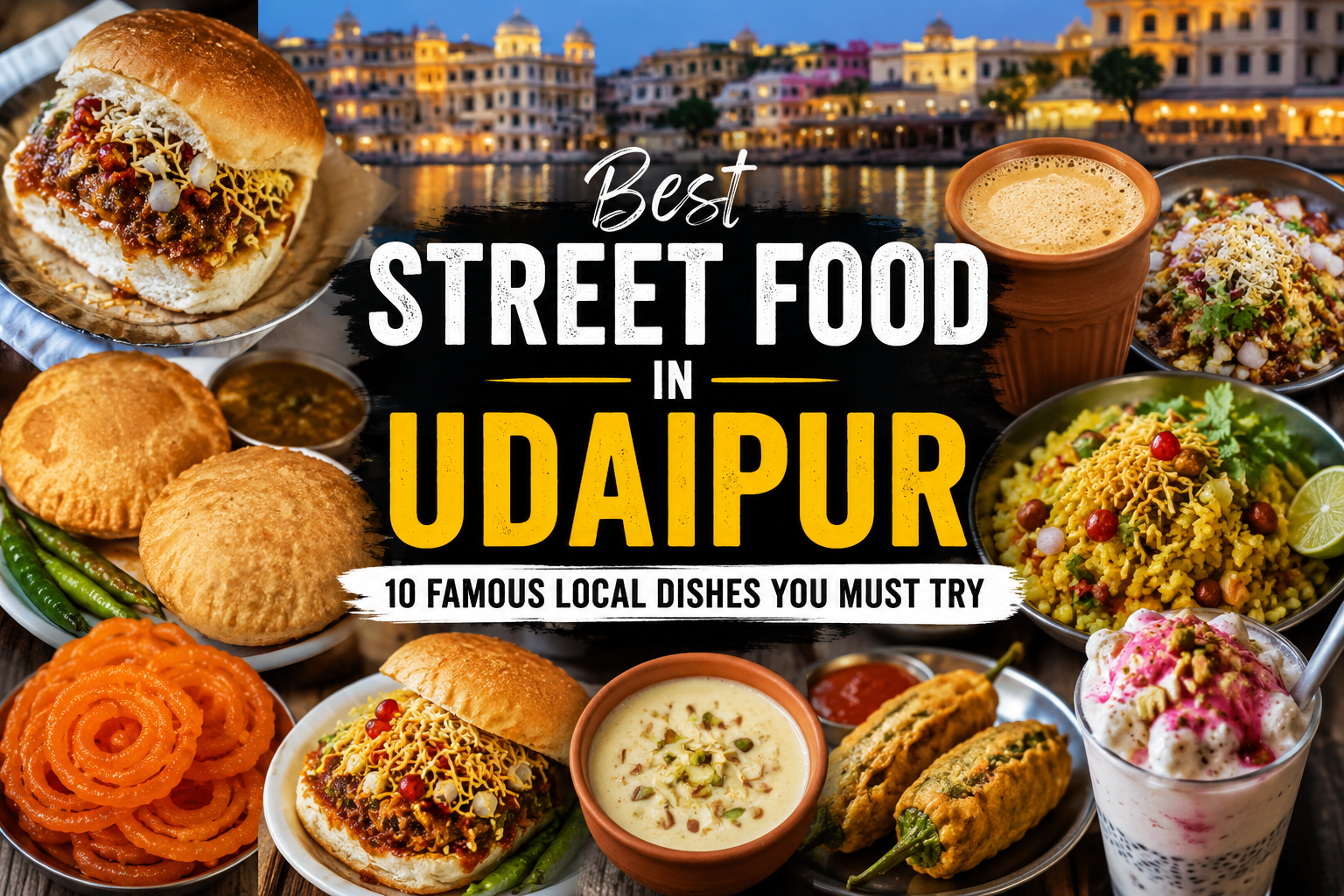 Best Street Food in Udaipur featuring kachori, poha, jalebi, kulhad coffee and other famous local dishes