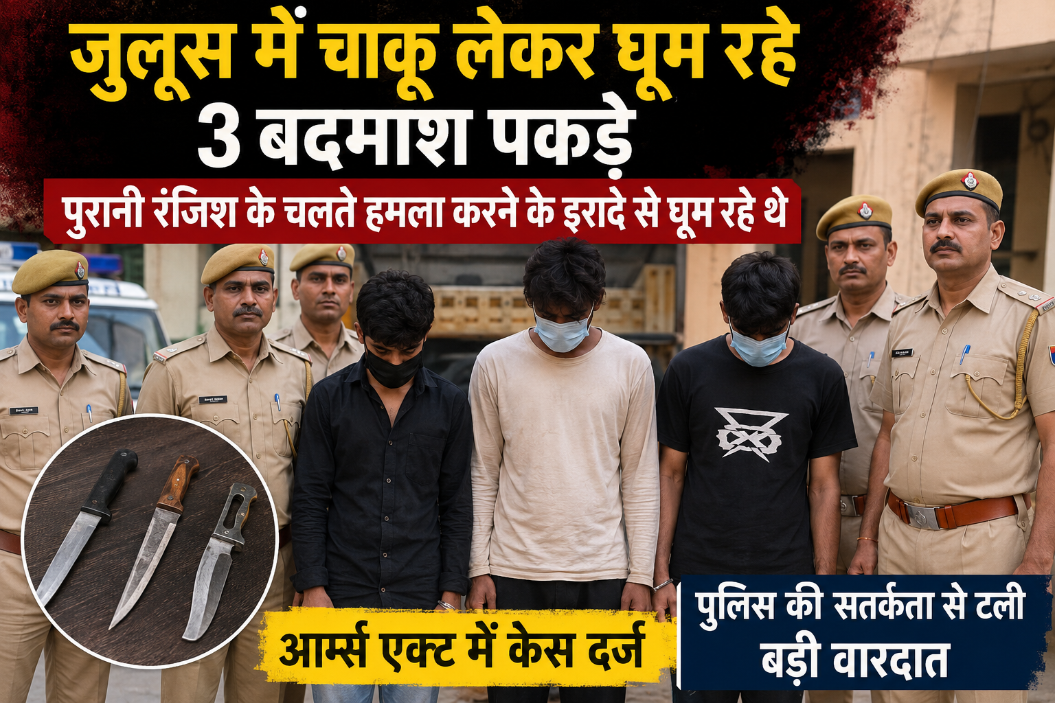 उदयपुर में मुहर्रम जुलूस के दौरान चाकू के साथ पकड़े गए तीन आरोपी पुलिस हिरासत में, बरामद हथियारों की तस्वीर के साथ क्राइम न्यूज़ थंबनेल।