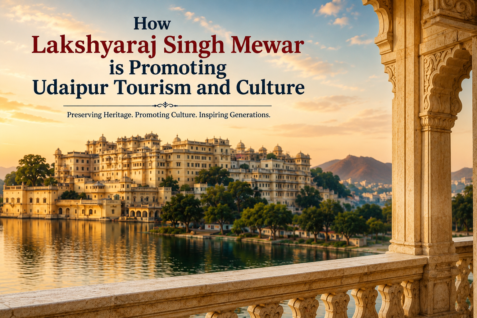 Lakshyaraj Singh Mewar with the iconic City Palace and Lake Pichola in Udaipur, highlighting his contribution to tourism, heritage preservation, and cultural promotion.