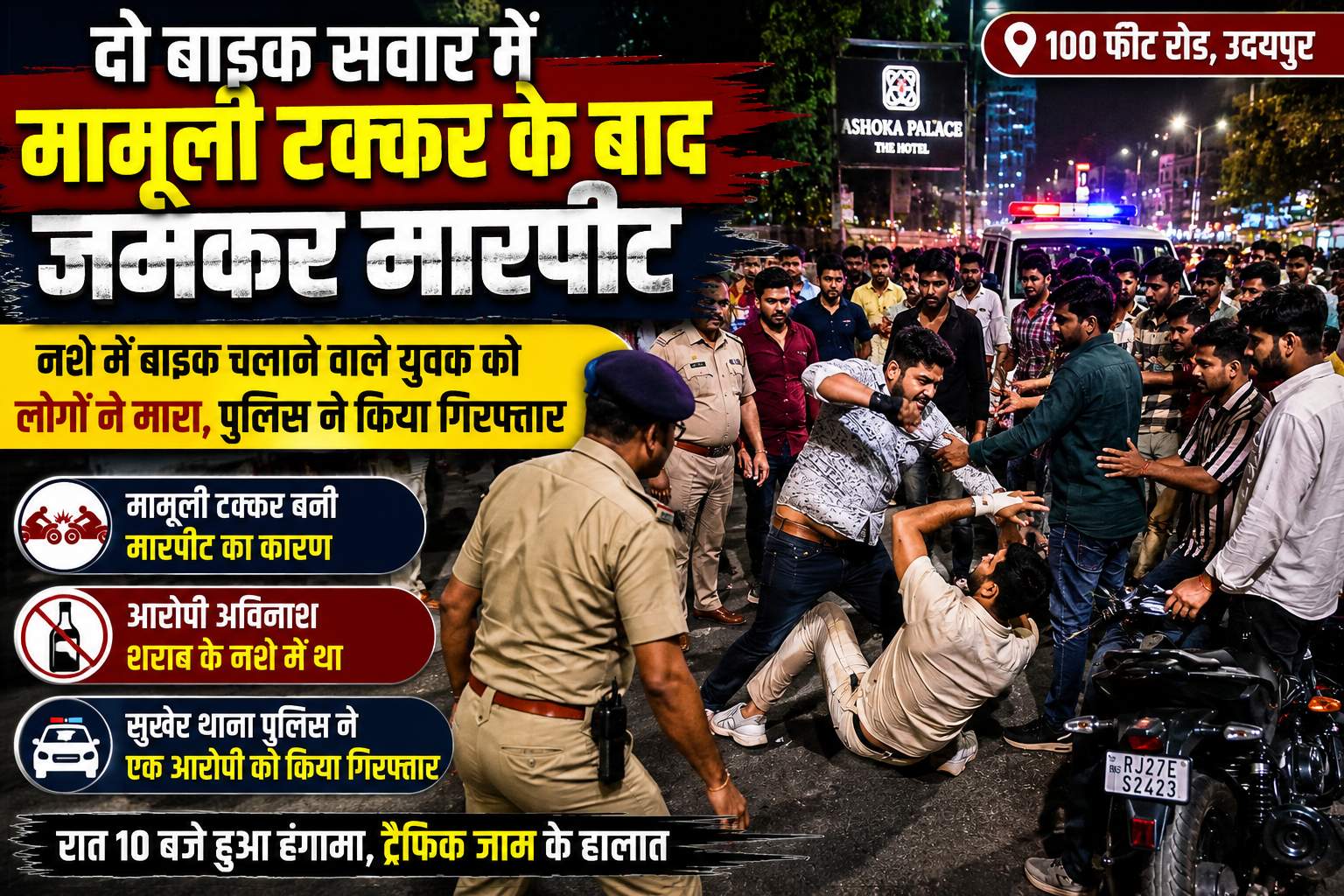 उदयपुर के 100 फीट रोड पर दो बाइक सवार की मामूली टक्कर के बाद हुई मारपीट और मौके पर पहुंची सुखेर पुलिस का सांकेतिक दृश्य।