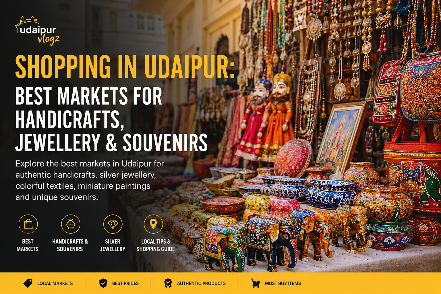 Shopping in Udaipur featuring traditional Rajasthani handicrafts, silver jewellery, colorful textiles, miniature paintings, and souvenirs in a vibrant local market.