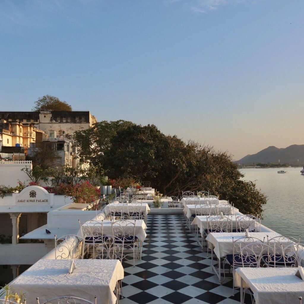 Rooftop dining experience at Jagat Niwas Restaurant overlooking Lake Pichola