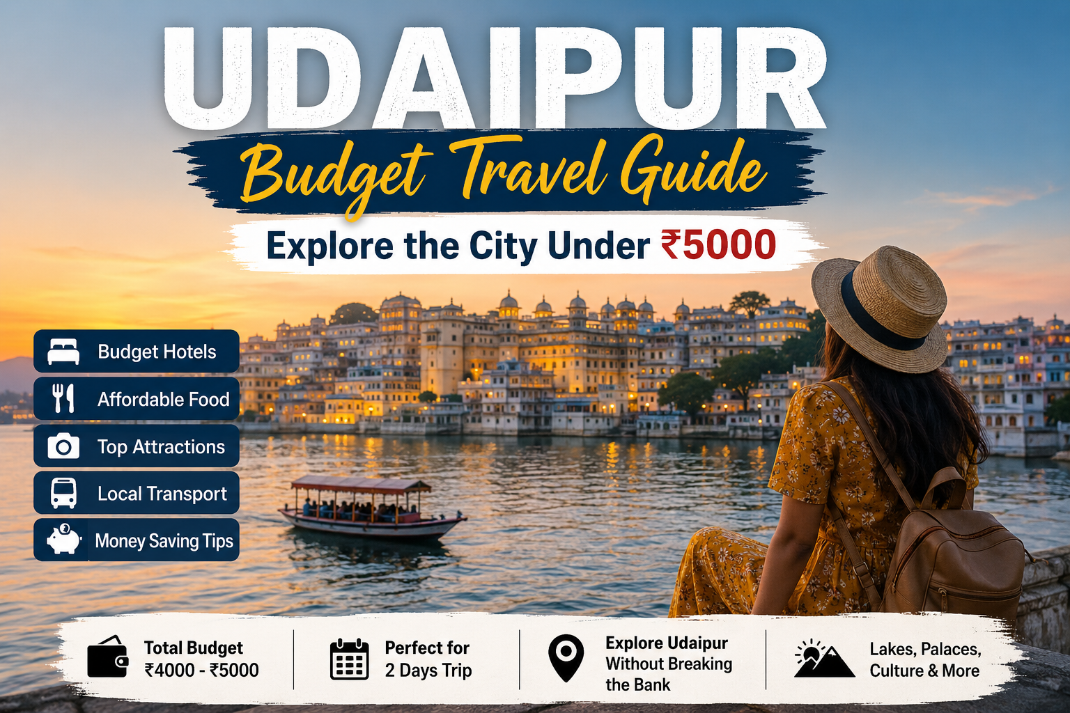 A traveler enjoying the view of Lake Pichola in Udaipur, highlighting a budget travel guide to explore the City of Lakes under ₹5000 with affordable hotels, food, attractions, and local transport.