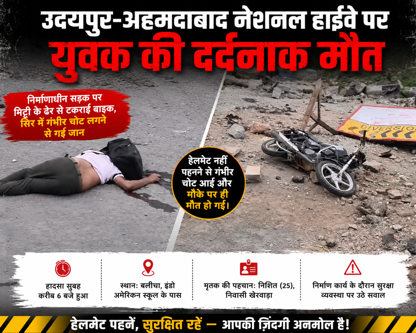 उदयपुर-अहमदाबाद नेशनल हाईवे पर निर्माणाधीन सड़क के पास हुए सड़क हादसे का दृश्य, जिसमें बाइक दुर्घटनाग्रस्त हुई और युवक की मौत हो गई।
