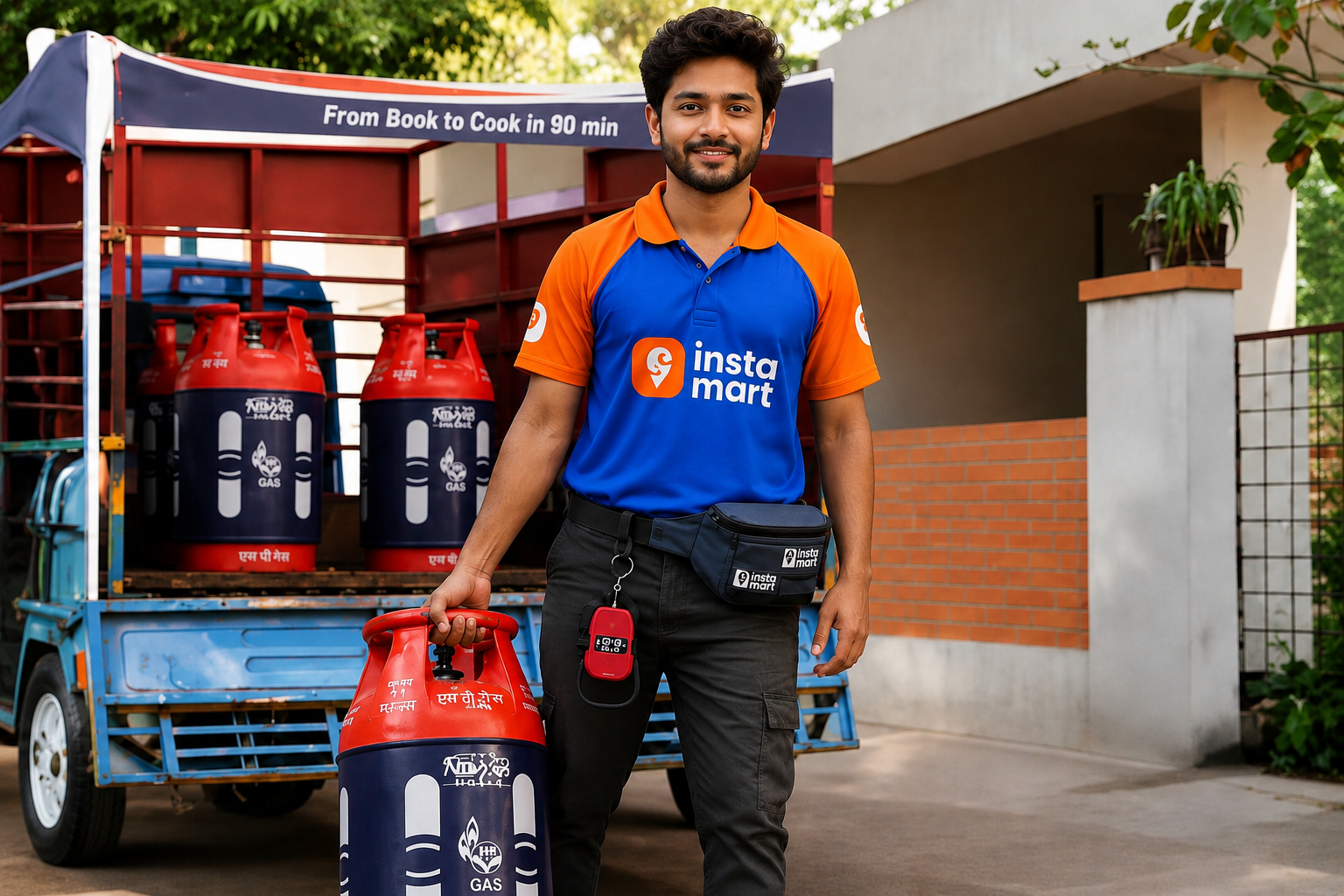 इंस्टामार्ट का डिलीवरी एजेंट घर तक एलपीजी गैस सिलेंडर की डिलीवरी करते हुए