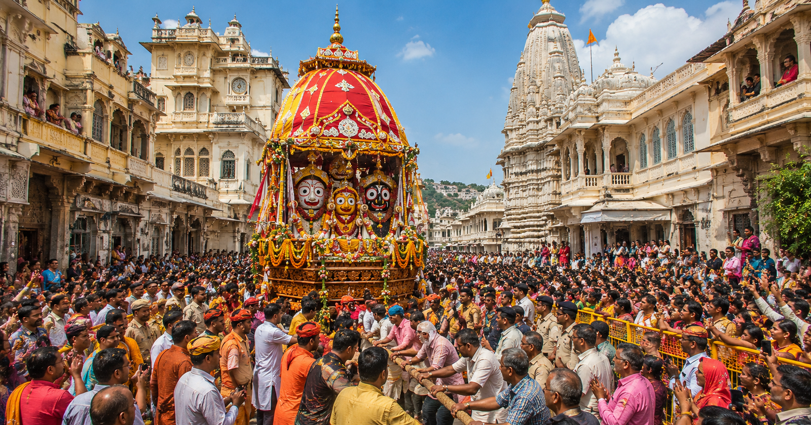 Devotees pulling the beautifully decorated Jagannath Rath during the Jagannath Rath Yatra near Jagdish Temple in Udaipur as Rajasthan Police manage security and traffic arrangements.