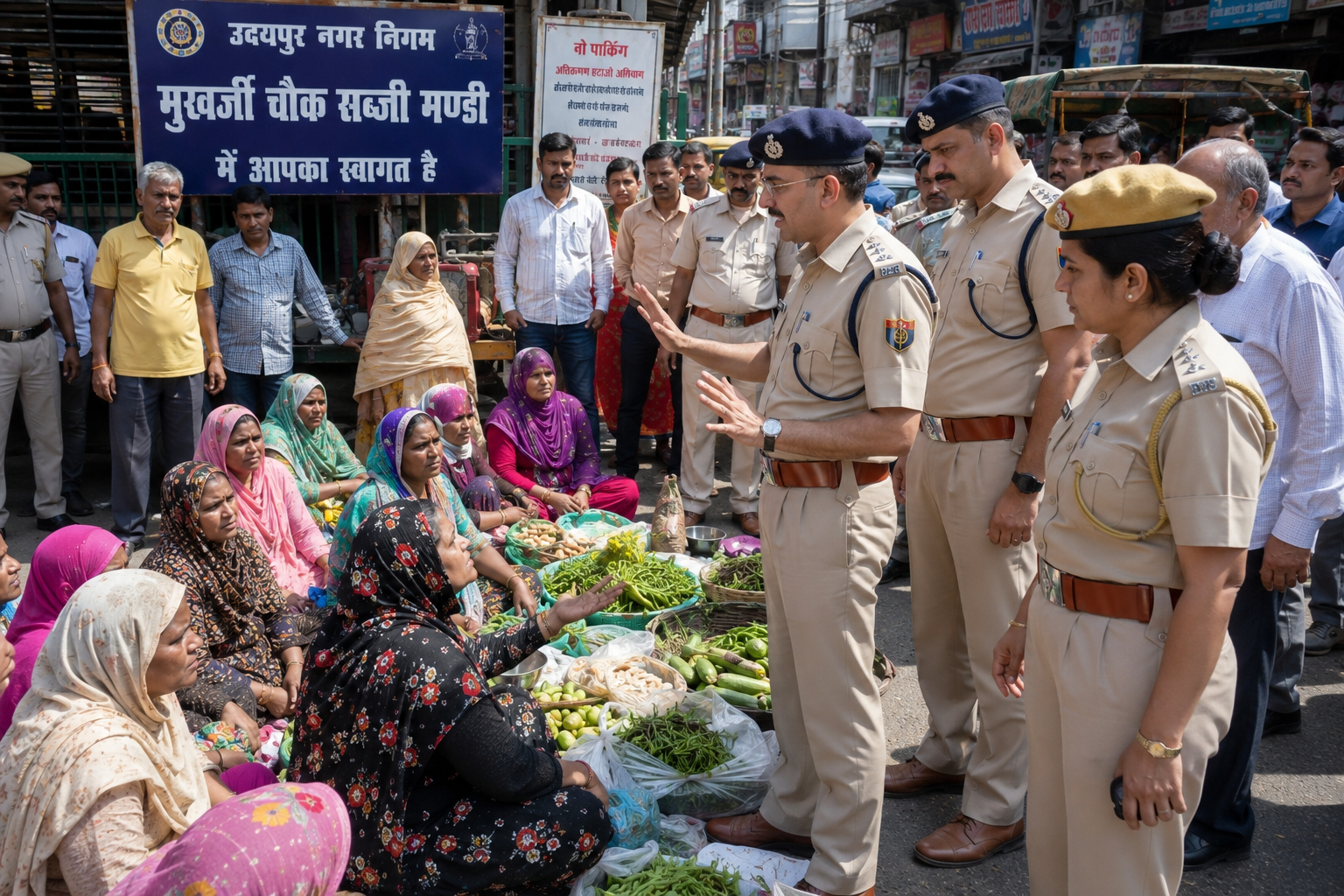 उदयपुर के मुखर्जी चौक पर नगर निगम और पुलिस अधिकारी महिला फल-सब्जी विक्रेताओं को समझाते हुए, पार्किंग योजना को लेकर विरोध का दृश्य।
