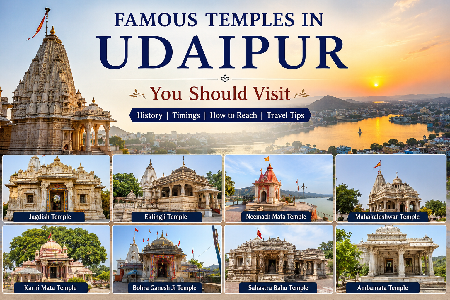 Collage of famous temples in Udaipur including Jagdish Temple, Eklingji Temple, Neemach Mata Temple, Mahakaleshwar Temple, Karni Mata Temple, Bohra Ganesh Ji Temple, Sahastra Bahu Temple, and Ambamata Temple.
