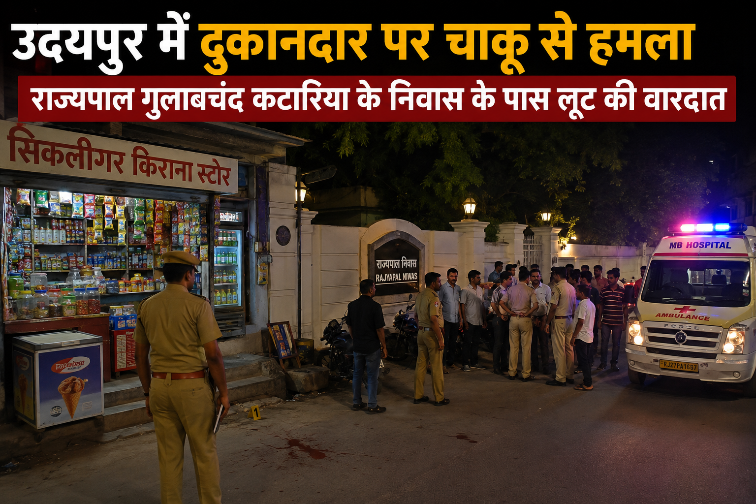 उदयपुर के माछला मगरा क्षेत्र में राज्यपाल निवास के पास किराना दुकान के बाहर पुलिस और एंबुलेंस, दुकानदार पर चाकू से हमले के बाद जांच करती पुलिस।