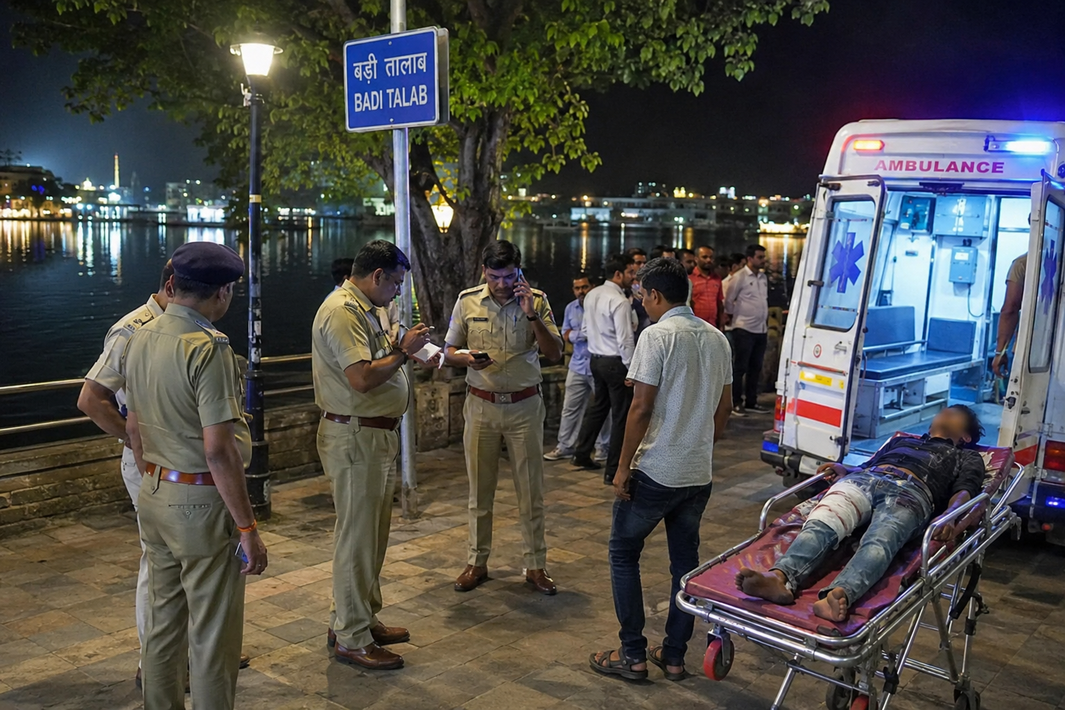 उदयपुर के बड़ी तालाब क्षेत्र में चाकू हमले की घटना के बाद मौके पर पुलिस जांच करती हुई और घायल युवक को एम्बुलेंस से अस्पताल ले जाते हुए सांकेतिक तस्वीर।