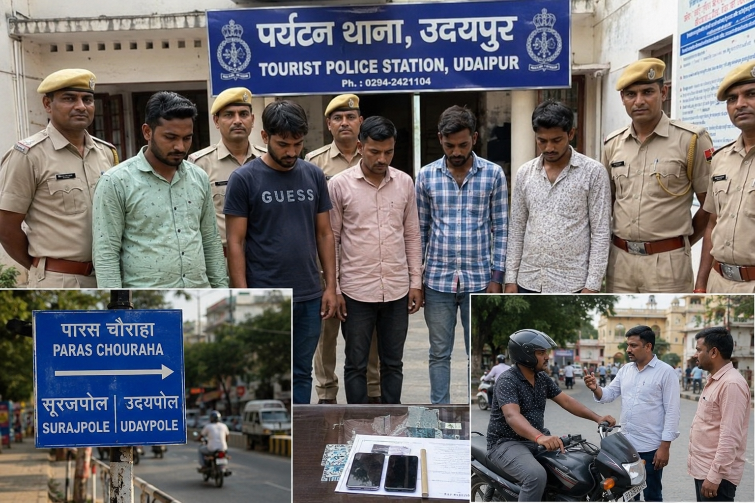 उदयपुर पर्यटन थाना पुलिस द्वारा पर्यटकों को परेशान कर चुनिंदा दुकानों पर ले जाने वाले 5 आरोपियों के खिलाफ कार्रवाई को दर्शाती समाचार शैली की सांकेतिक तस्वीर।