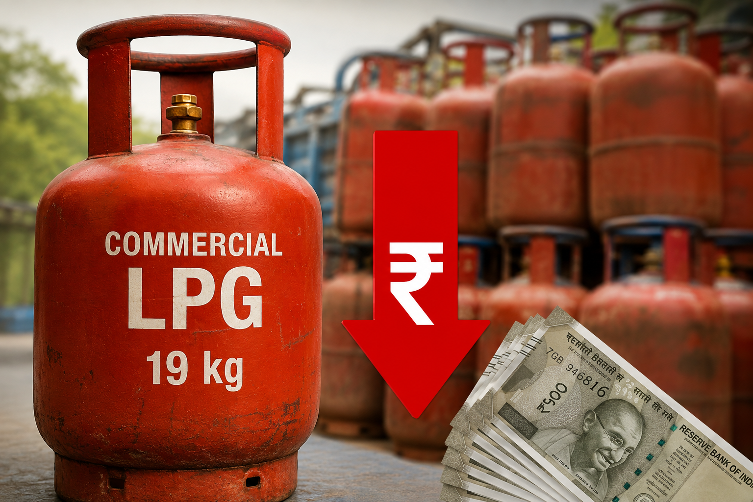 19 kg commercial LPG gas cylinder with price reduction concept showing downward arrow and Indian currency after latest LPG price cut.
